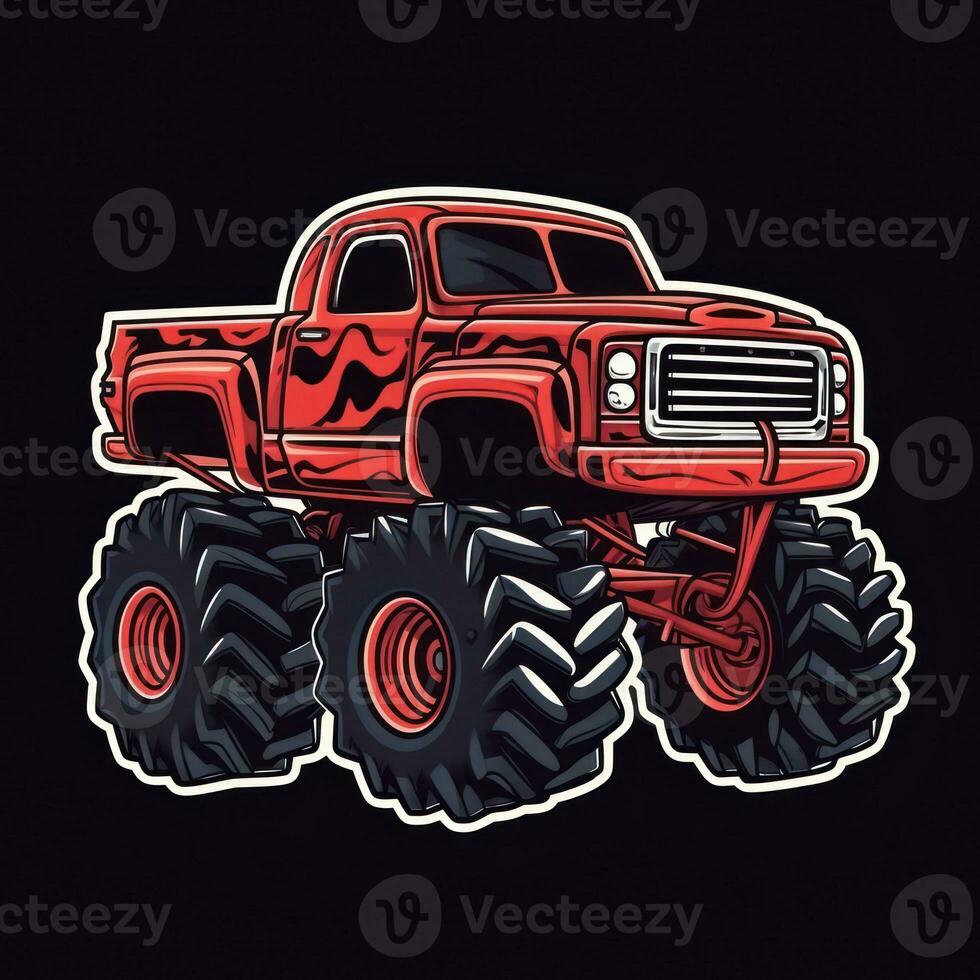 vermelho monstro caminhão adesivo gráfico com branco fronteira e Preto contorno em uma simples desenho animado Projeto fundo foto