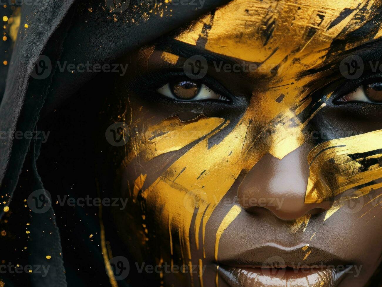 deslumbrante mulher com Preto e ouro pintura dentro atraente urbano estilo ai gerado foto