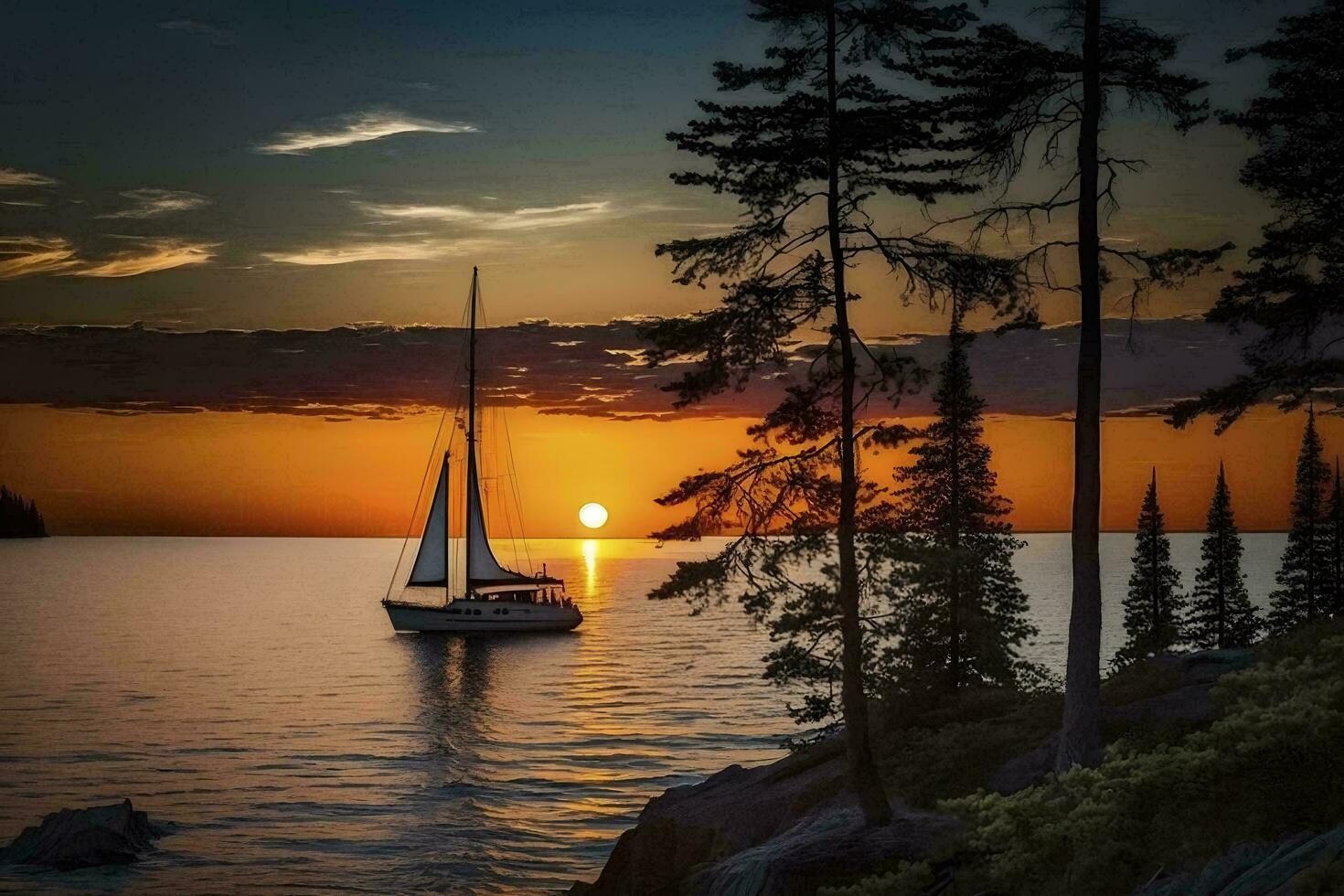 sereno pôr do sol em lago superior com uma vela barco ai gerado foto