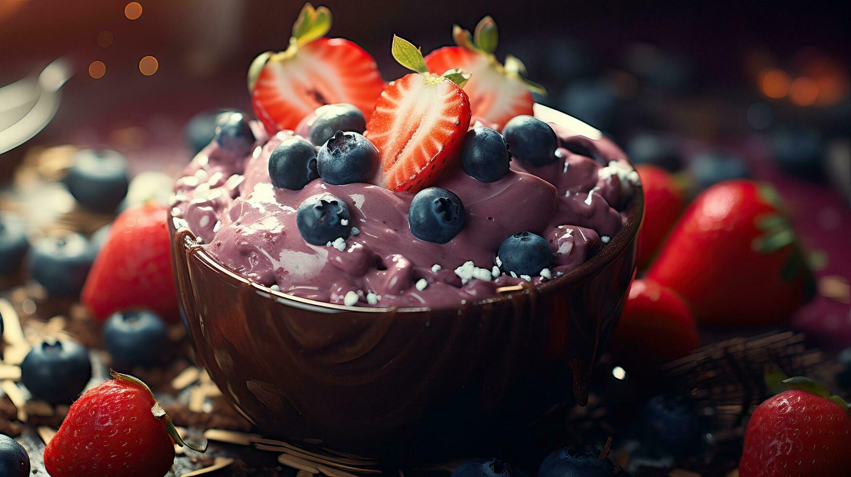 delicioso Açaí tigela com condensado leite ai gerado foto