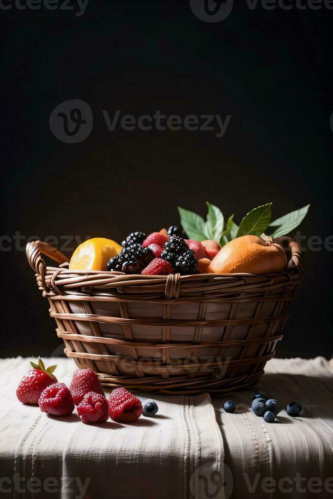 estúdio tiro do a cesta com bagas e frutas em a mesa foto