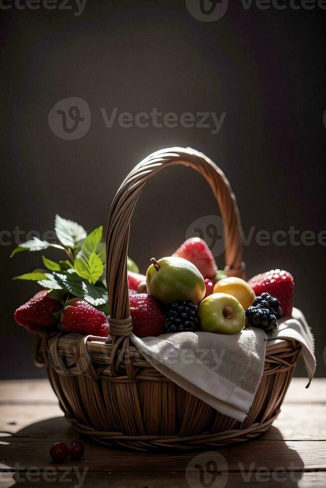 estúdio tiro do a cesta com bagas e frutas em a mesa foto