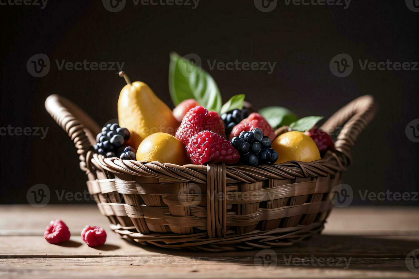 estúdio tiro do a cesta com bagas e frutas em a mesa foto