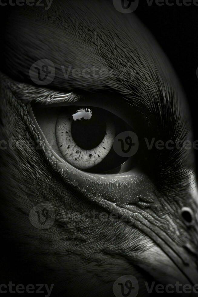 Raven olho macro fechar retrato estúdio silhueta foto Preto branco retroiluminado movimento contorno tatuagem