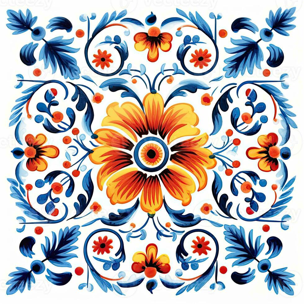 retro vintage ornamentado enfeite telha envidraçado Português mosaico padronizar floral azul quadrado arte foto