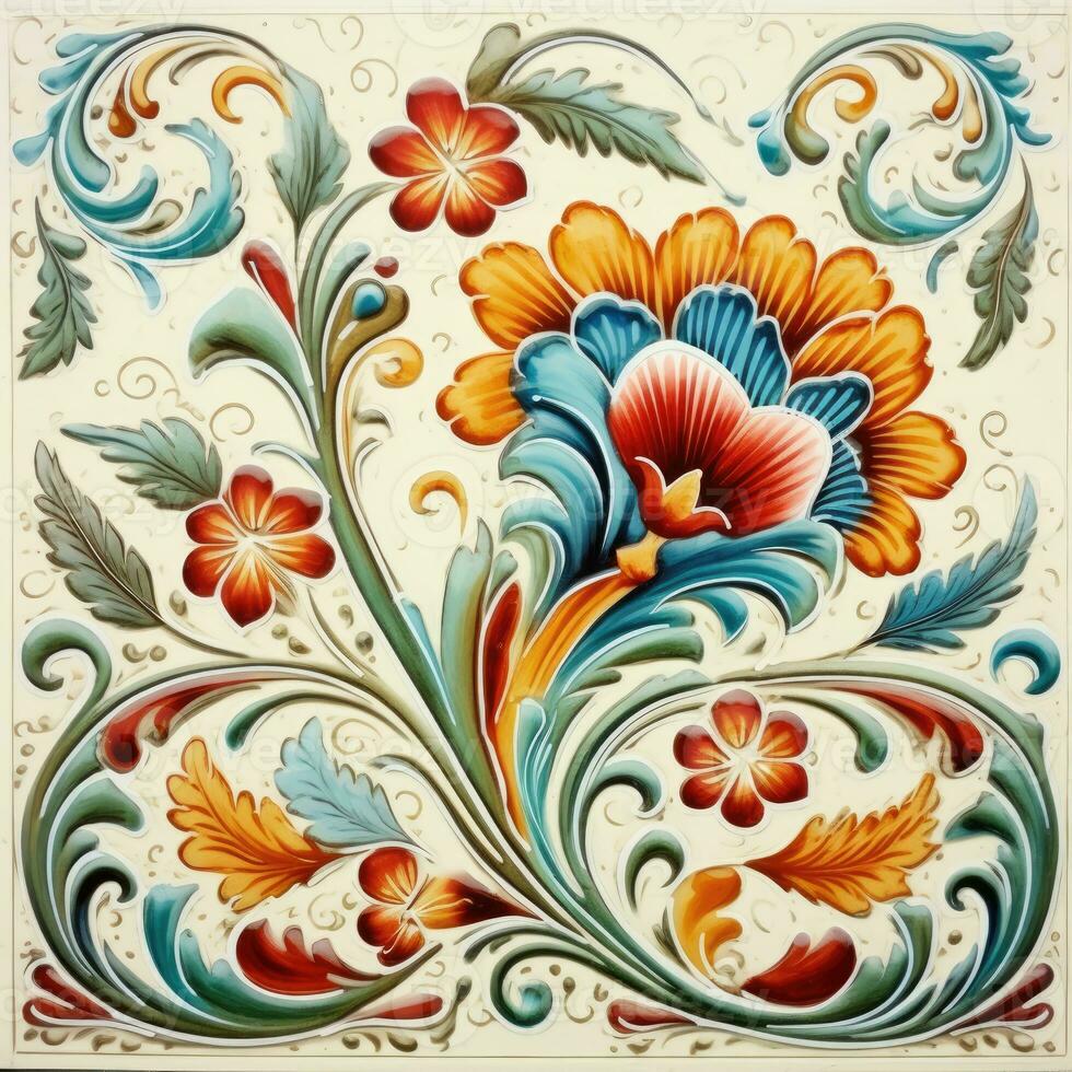 retro vintage ornamentado enfeite telha envidraçado Português mosaico padronizar floral azul quadrado arte foto