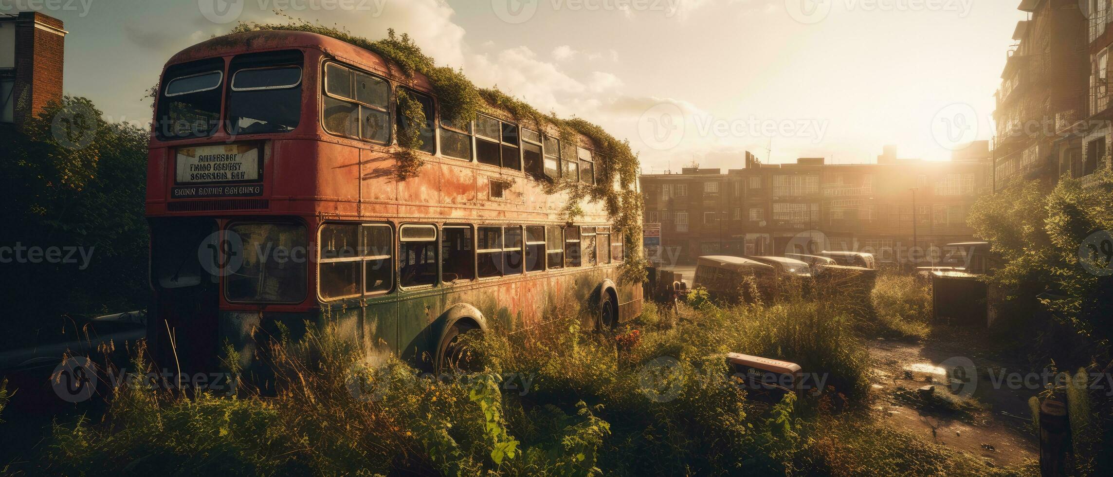 vermelho ônibus Duplo decker Londres postar apocalipse panorama jogos papel de parede foto arte ilustração ferrugem