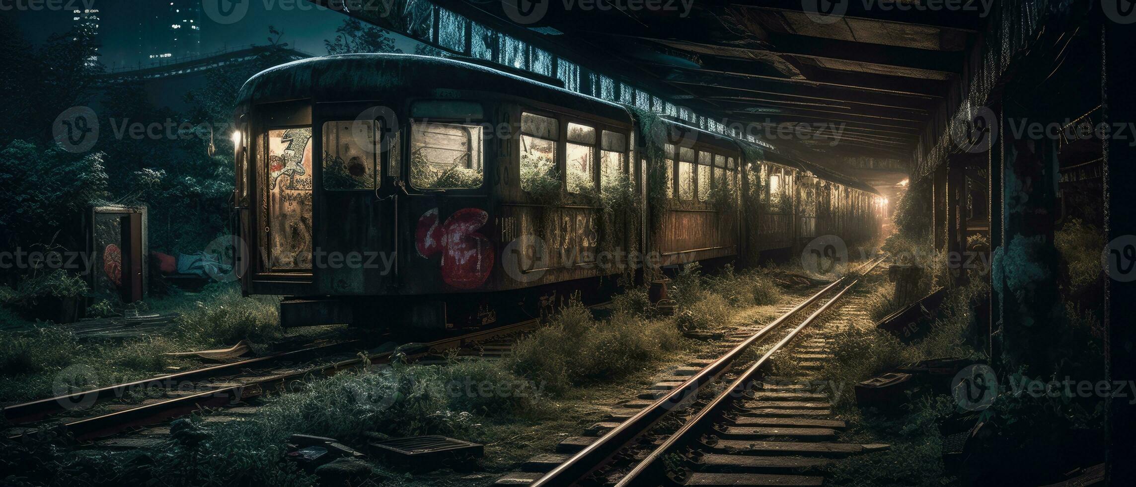 trem vagão metrô estação postar apocalipse panorama jogos papel de parede foto arte ilustração ferrugem