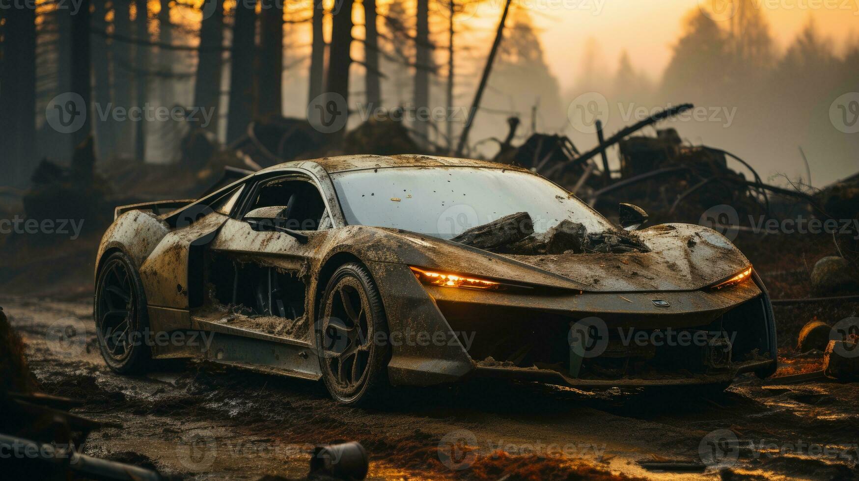 retro super carro destruído postar apocalipse panorama jogos papel de parede foto arte ilustração ferrugem