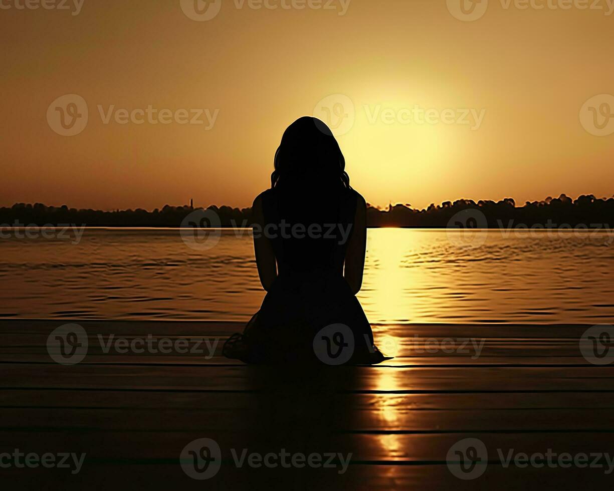 Aumentar meditação silêncio reflexão descansar lago panorama silêncio foto zen relaxamento solitário mulher