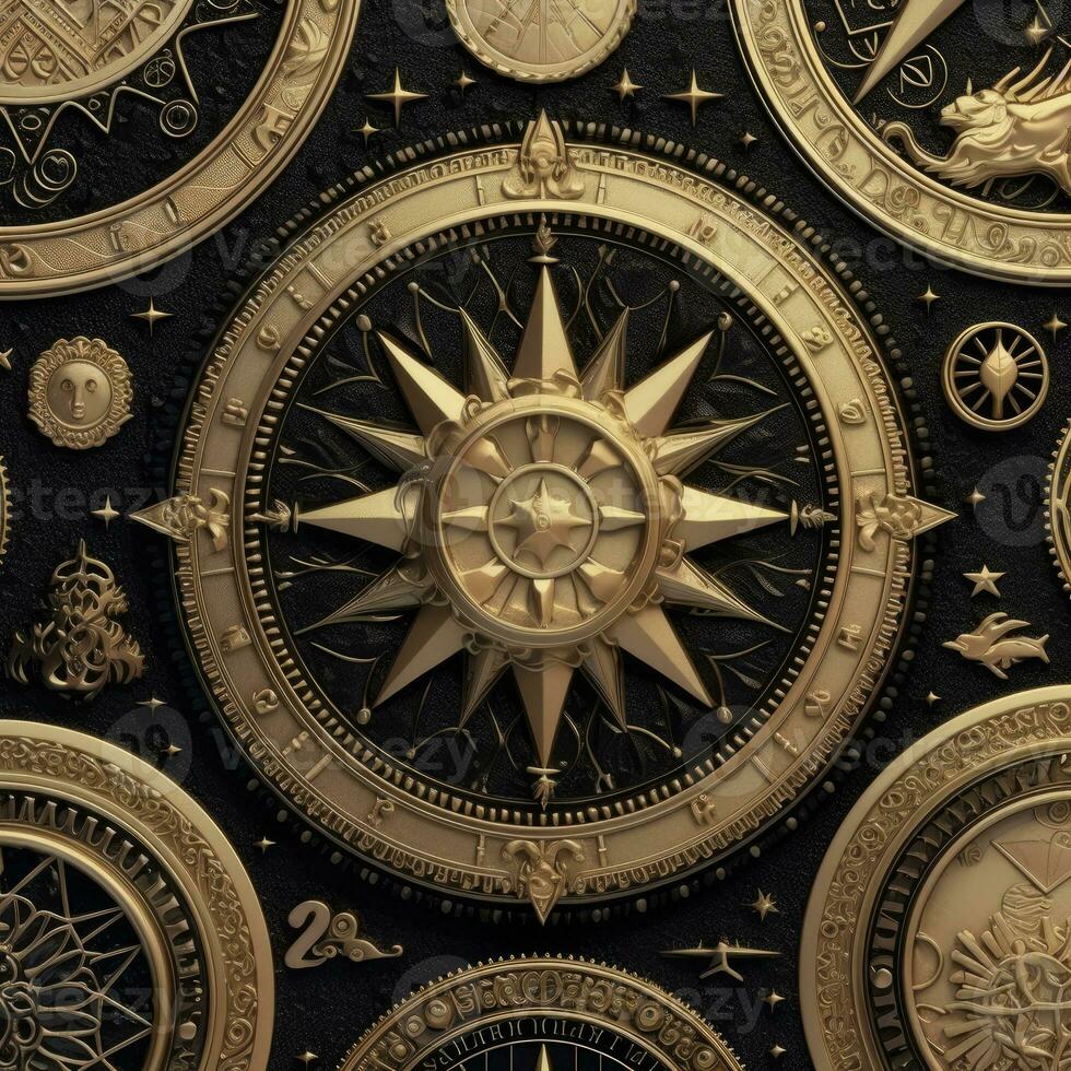dourado místico cosmos bússola planeta tarot cartão constelação navegação zodíaco ilustração foto