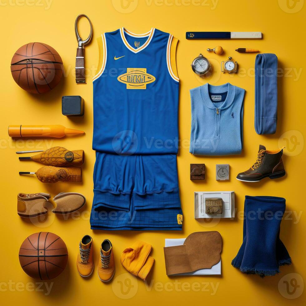 esporte basquetebol vintage knolling plano lays voga foto salão à moda roupas coleção conjunto