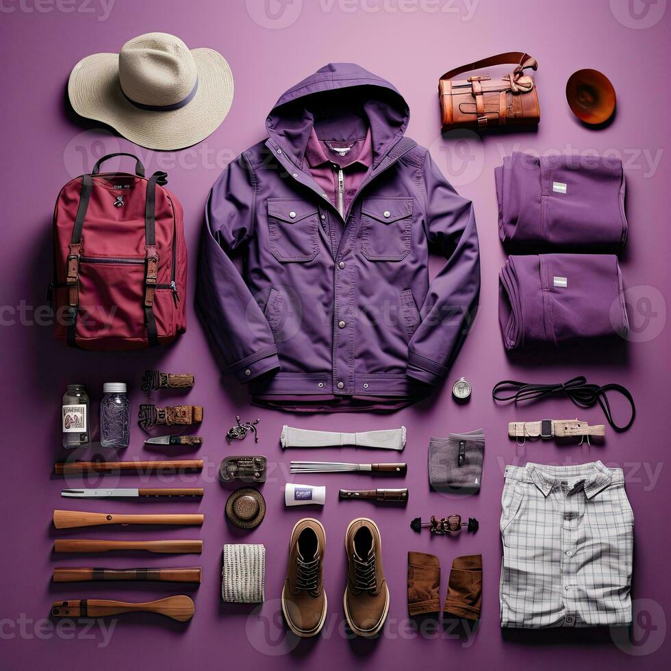 turista viajante vintage knolling plano lays voga foto à moda roupas moda coleção conjunto