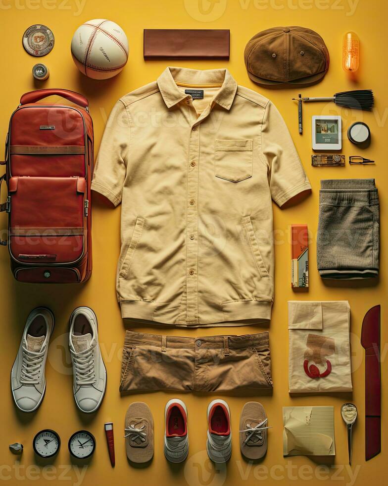 turista viajante vintage knolling plano lays voga foto à moda roupas moda coleção conjunto