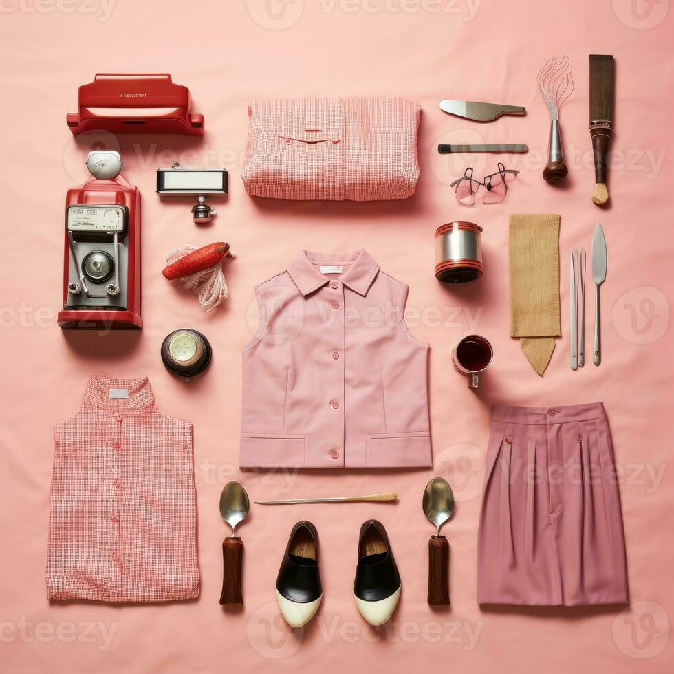 mulher menina vintage knolling plano lays voga foto salão à moda roupas moda coleção conjunto