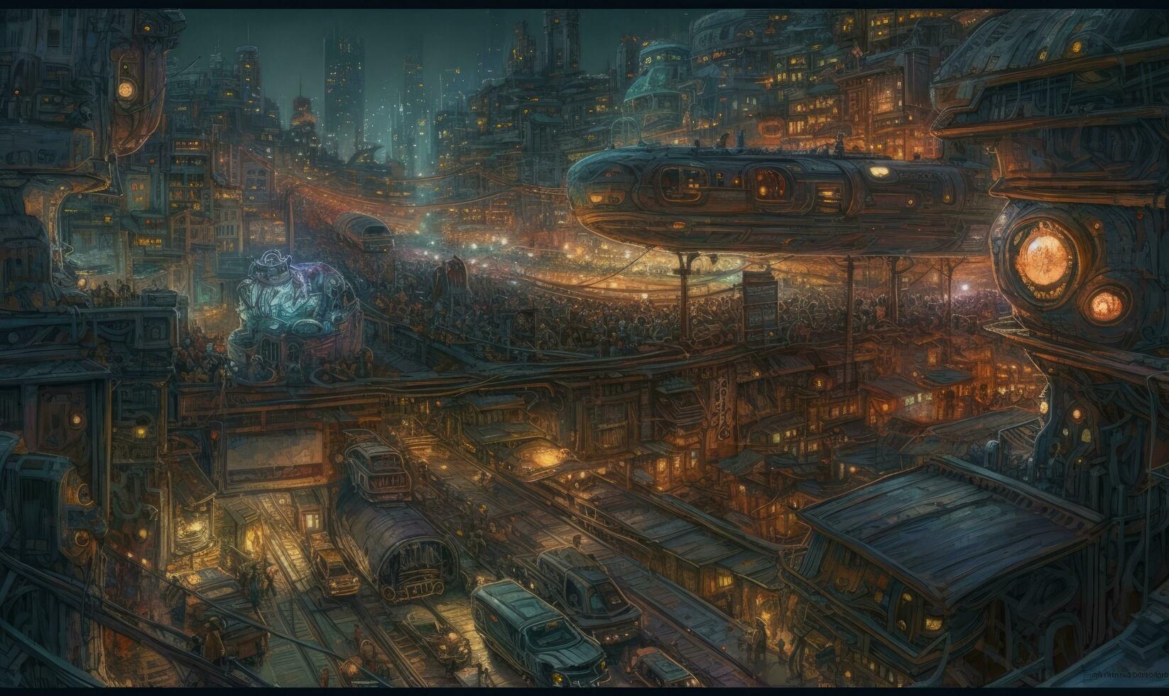 noite cidade futurista rua panorama cidade místico poster estrangeiro steampunk papel de parede fantástico foto