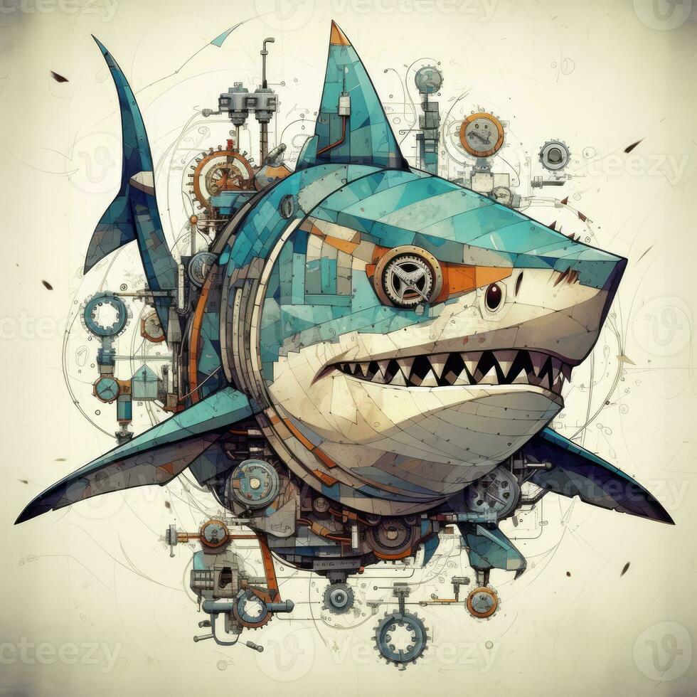 Tubarão retrato face abstrato ilustração tatuagem industrial poster arte geométrico vetor steampunk foto