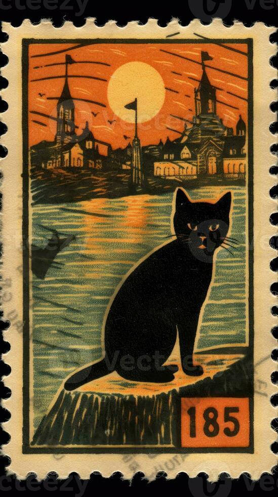 Preto gato chapéu fofa postagem carimbo retro vintage Década de 1930 dia das bruxas abóbora ilustração Varredura poster foto