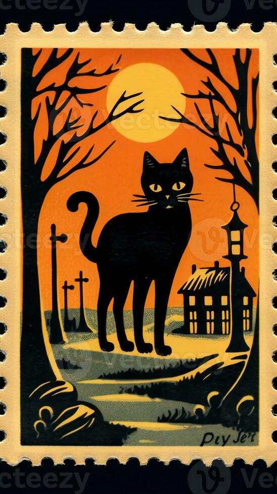 Preto gato chapéu fofa postagem carimbo retro vintage Década de 1930 dia das bruxas abóbora ilustração Varredura poster foto