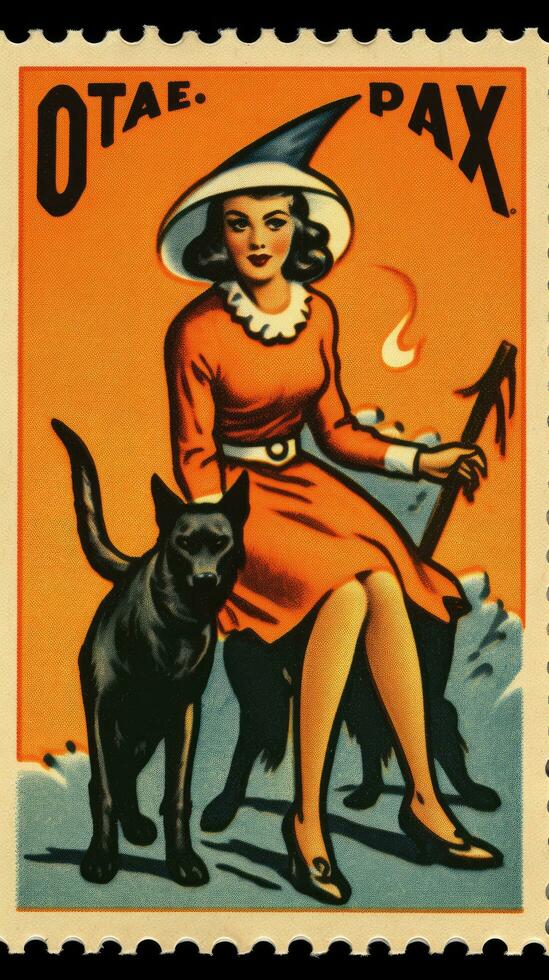 bruxa mulher fofa postagem carimbo retro vintage Década de 1930 dia das bruxas abóbora ilustração Varredura poster foto