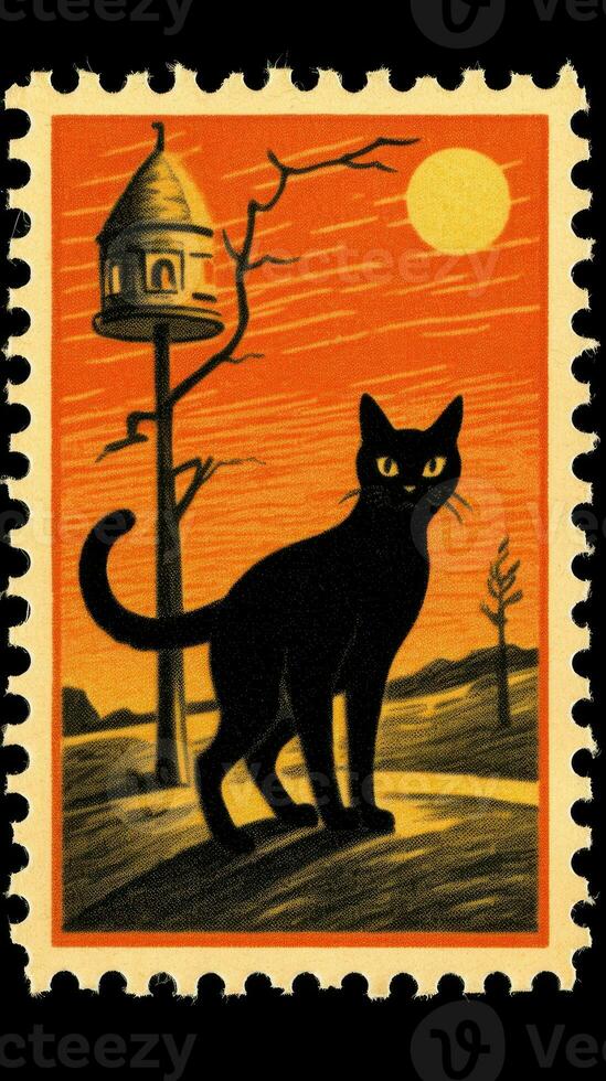 Preto gato chapéu fofa postagem carimbo retro vintage Década de 1930 dia das bruxas abóbora ilustração Varredura poster foto