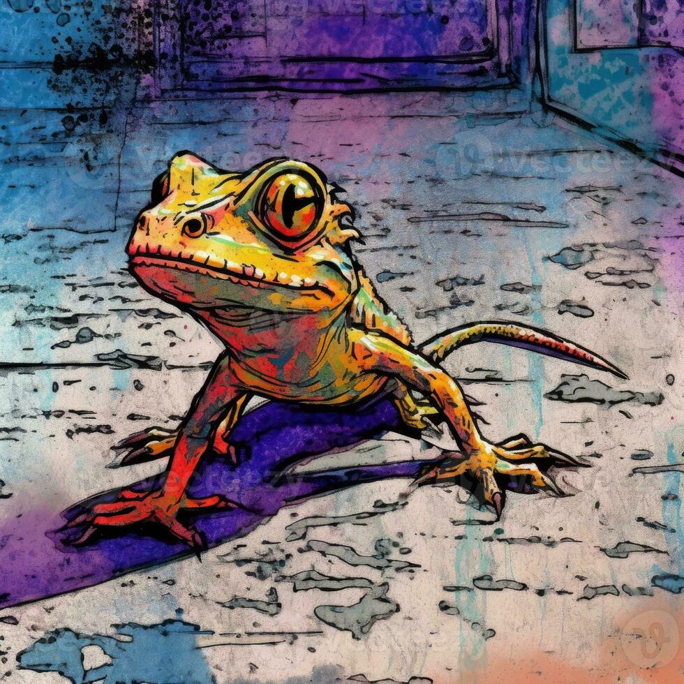 louco lagarto furioso louco retrato expressivo ilustração obra de arte óleo pintado esboço tatuagem foto