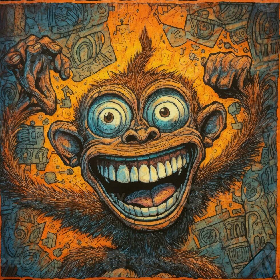 louco macaco macaco furioso louco retrato expressivo ilustração obra de arte óleo pintado esboço tatuagem foto