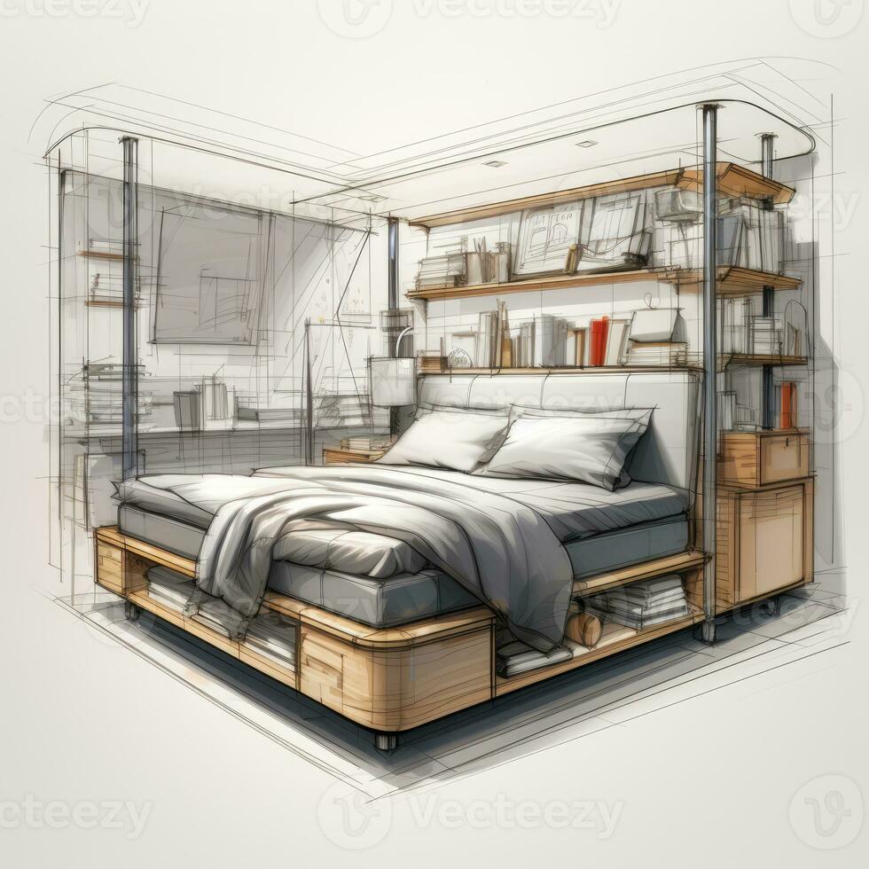 aparador armário cama retro futurista mobília esboço ilustração mão desenhando referência idéia foto