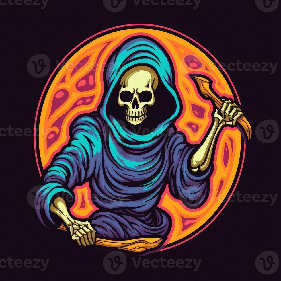 ceifeira morte néon ícone logotipo dia das Bruxas fofa assustador brilhante ilustração tatuagem isolado vetor foto