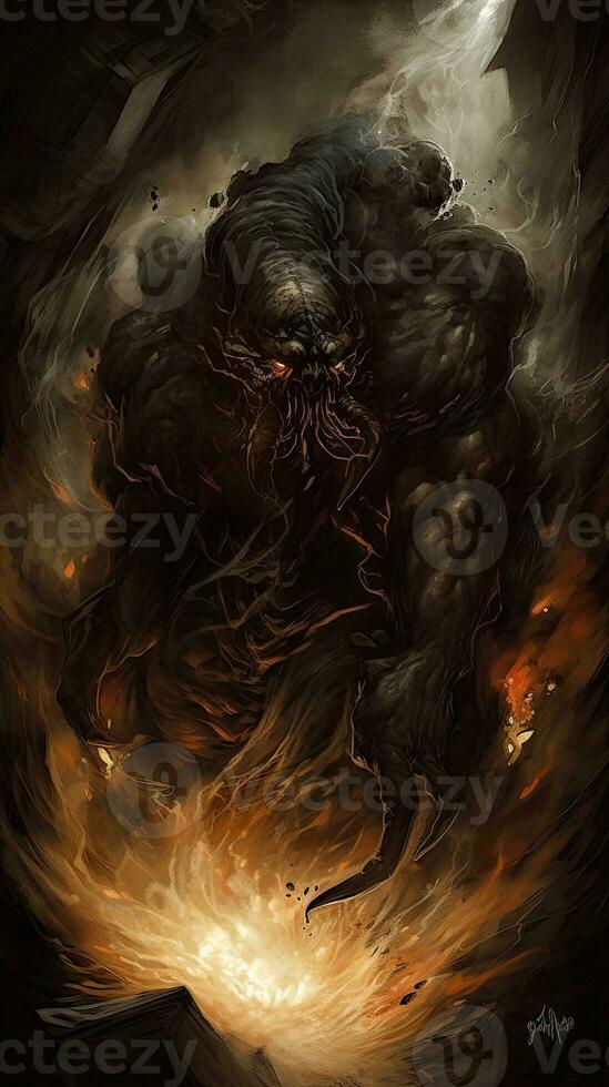 Sombrio fantasia inferno chamas mal Horror medo fumaça demônio Guerreiro diablo ilustração pesadelo foto