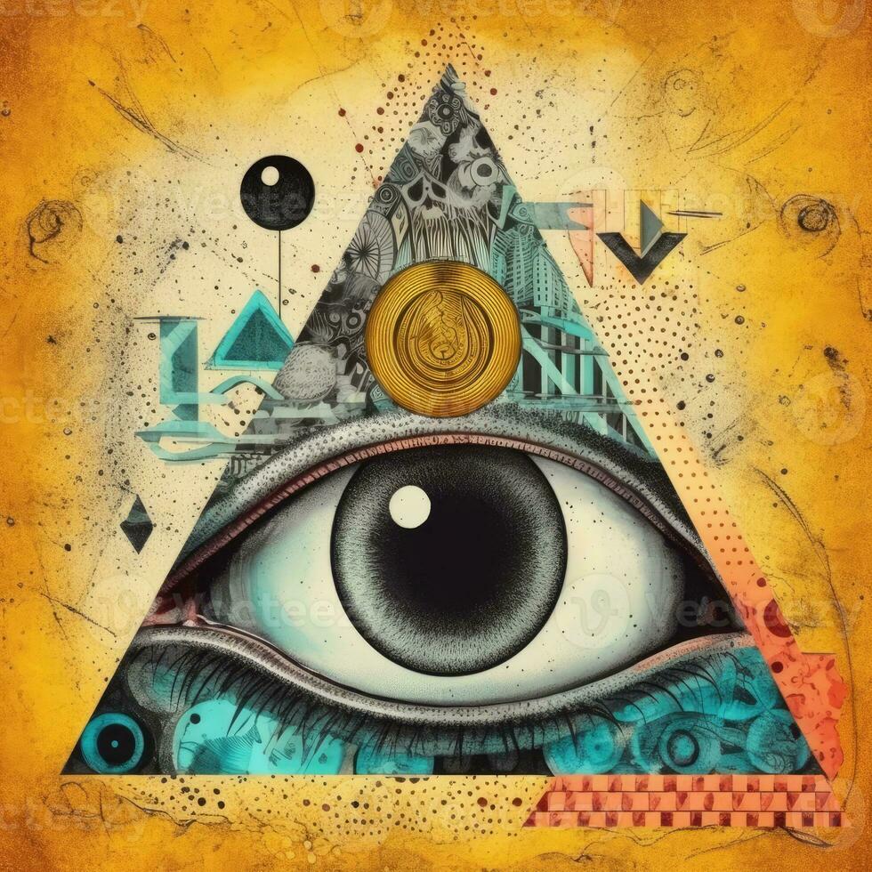 surreal abstrato olho triângulo pirâmide Magia pedreiro tatuagem amarelo ilustração obra de arte poster foto