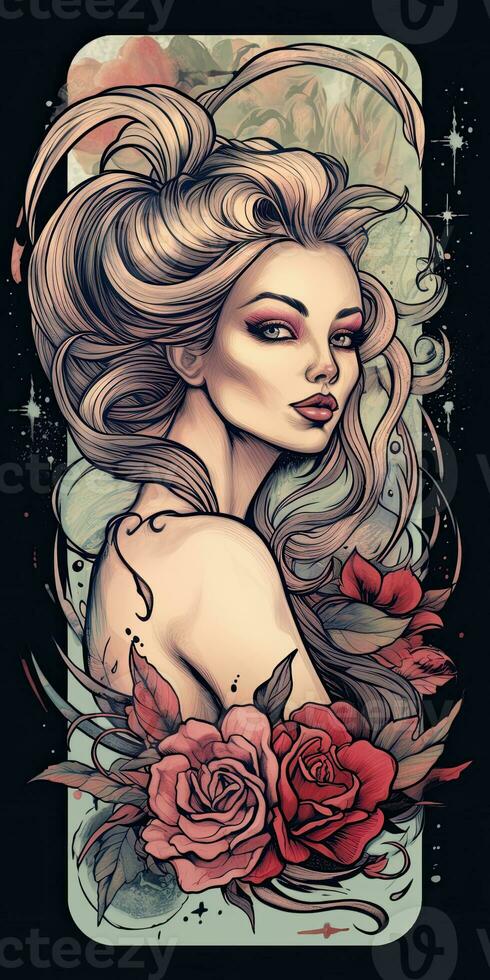 tatuagem Projeto mulher menina flores retro estilo ilustração clipart poster esboço glamour gráfico foto