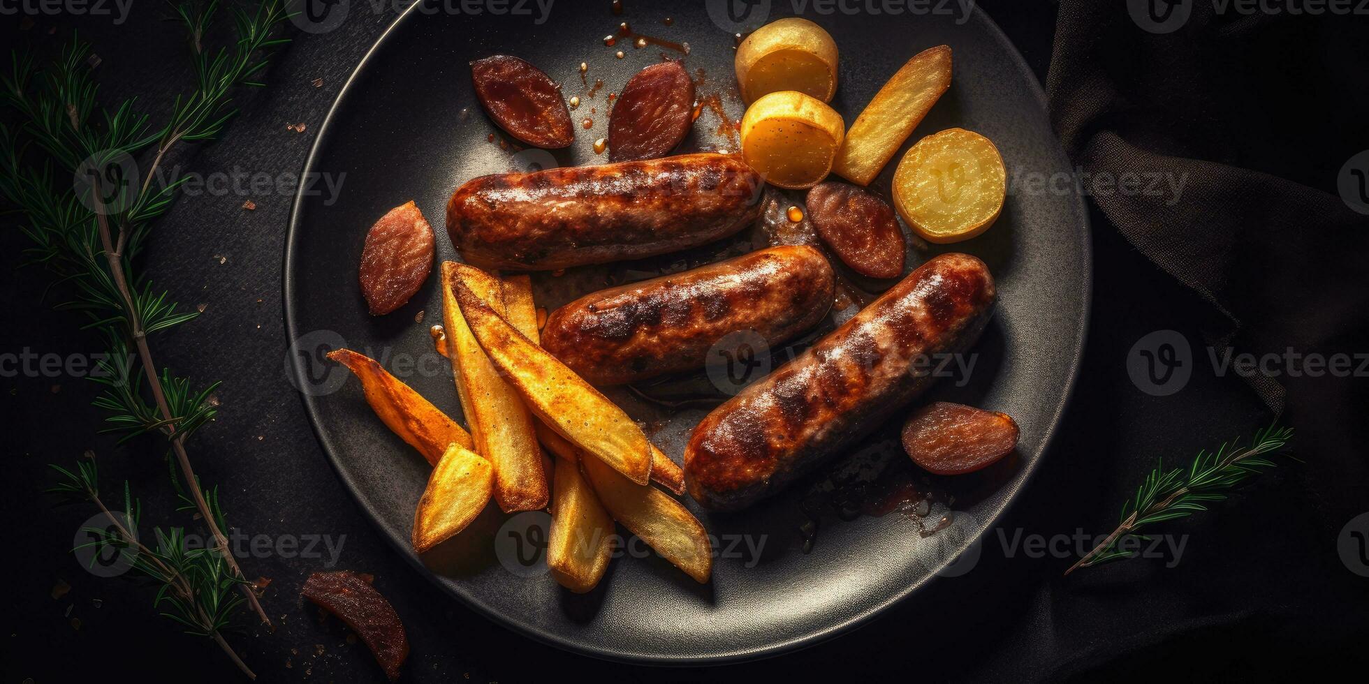 frito salsichas fritar profissional estúdio Comida fotografia social meios de comunicação elegante quente moderno de Anúncios foto