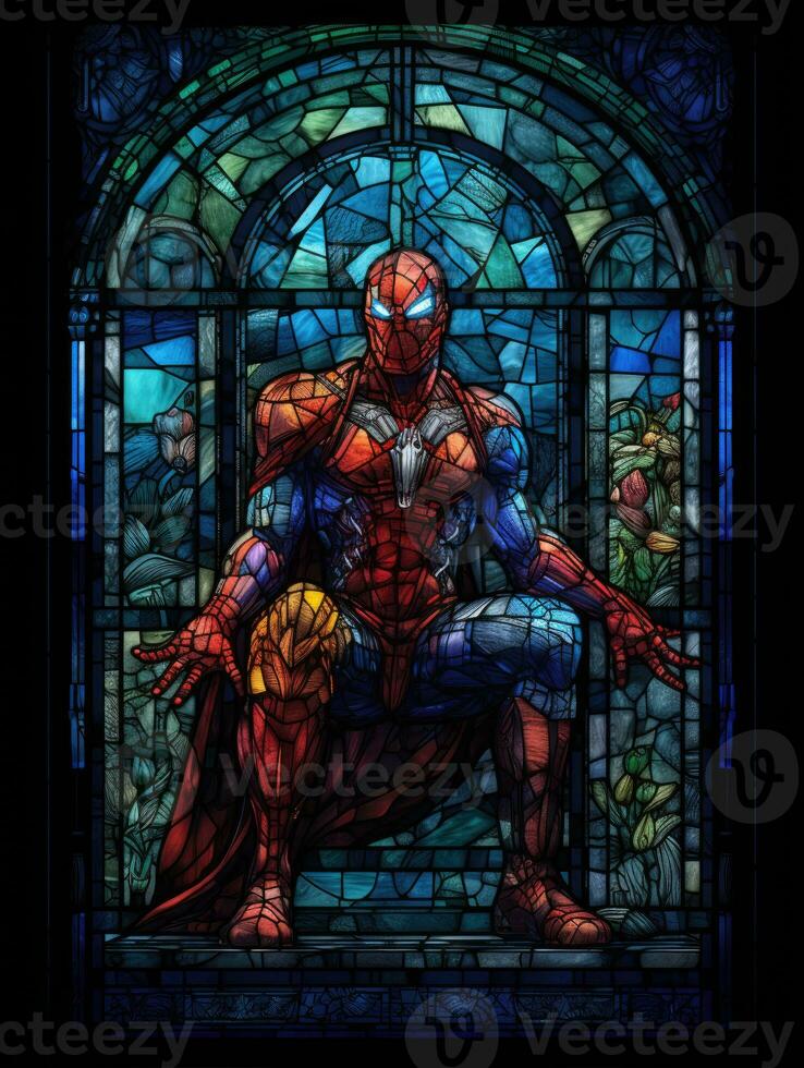 super herói Guerreiro manchado vidro janela mosaico religioso colagem obra de arte retro vintage texturizado foto