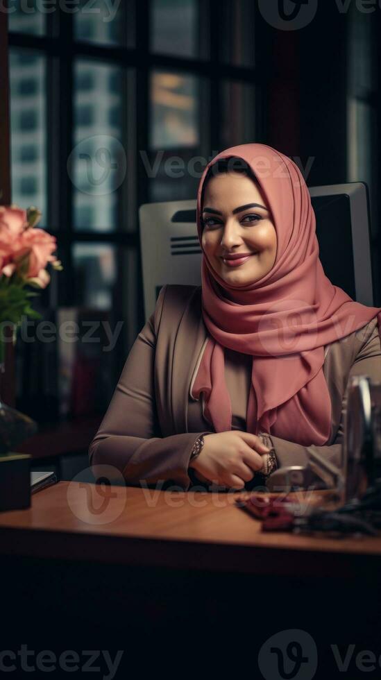 árabe hijab mais Tamanho feliz cheio de curvas Gerente moderno escritório bem sucedido trabalho o negócio mulher foto