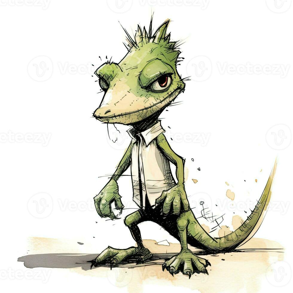 louco lagarto esboço caricatura acidente vascular encefálico rabisco ilustração vetor mão desenhado mascote clipart foto