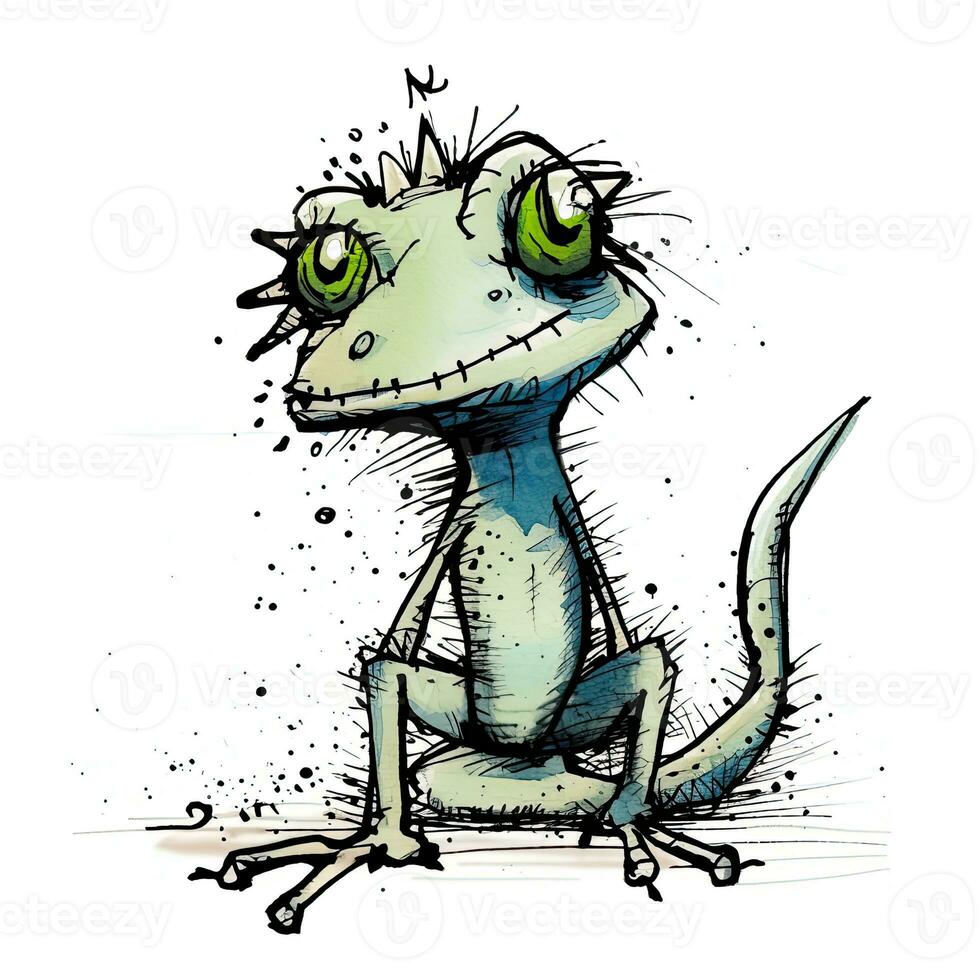 louco lagarto esboço caricatura acidente vascular encefálico rabisco ilustração vetor mão desenhado mascote clipart foto