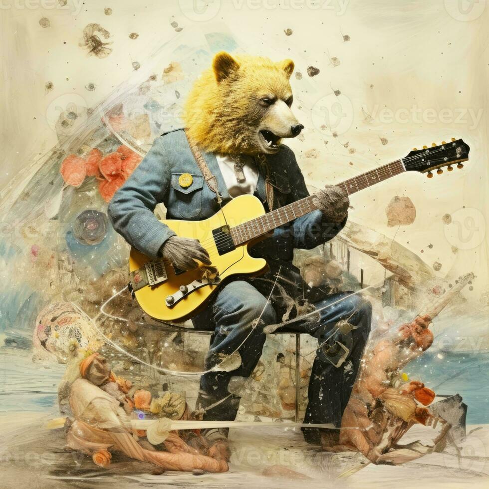 Urso guitarra graves abstrato colagem página de recados amarelo retro vintage surrealista ilustração foto