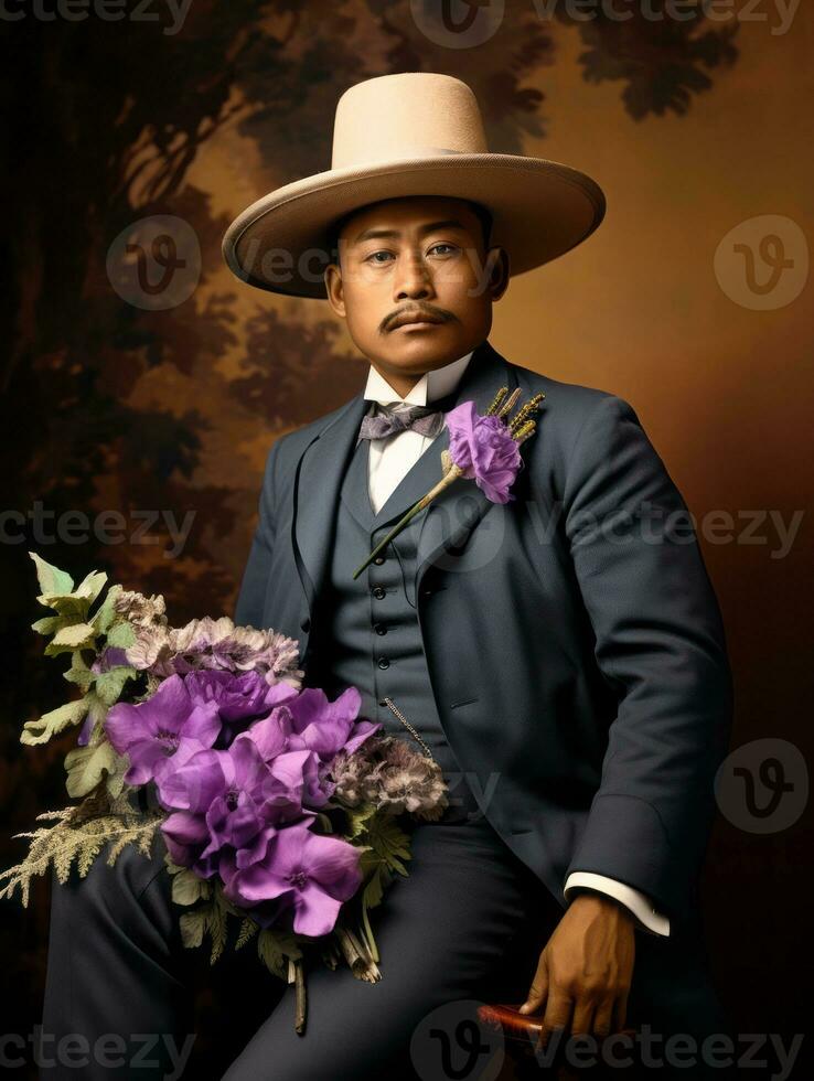 ásia homem a partir de a cedo 1900 colori velho foto ai generativo