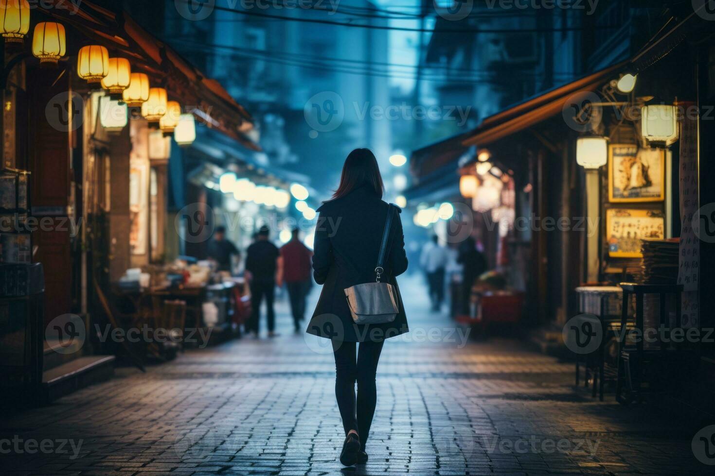 mulher caminhando com confiança através a vibrante néon aceso ruas ai generativo foto