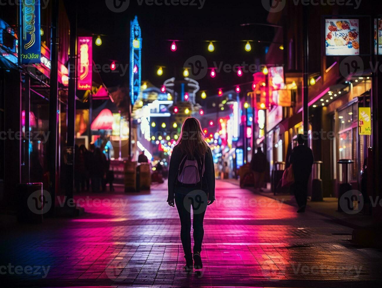 mulher caminhando com confiança através a vibrante néon aceso ruas ai generativo foto