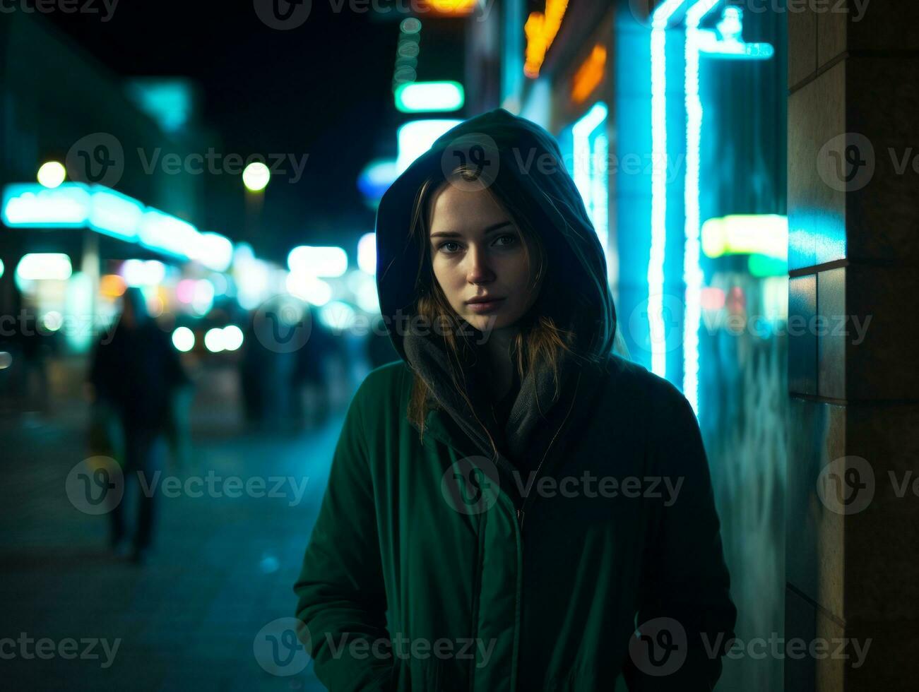 mulher caminhando com confiança através a vibrante néon aceso ruas ai generativo foto