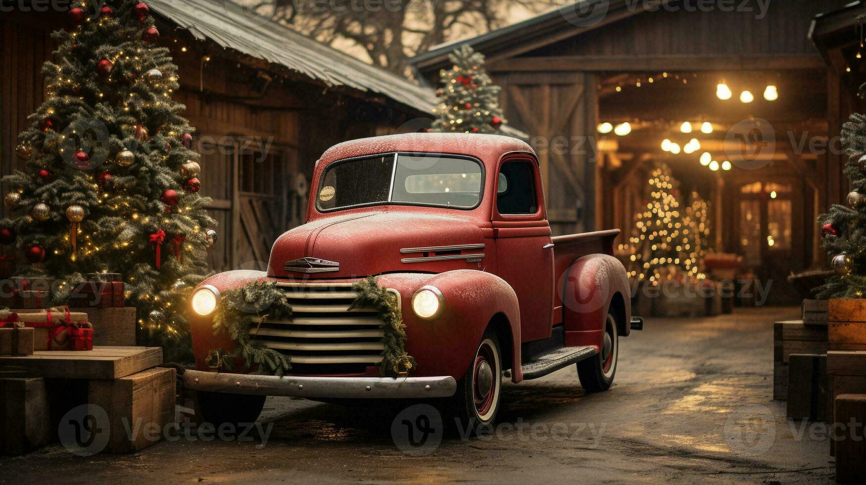 vintage pegar caminhão estacionado lado de fora festivamente decorado celeiro fazer compras. generativo ai. foto