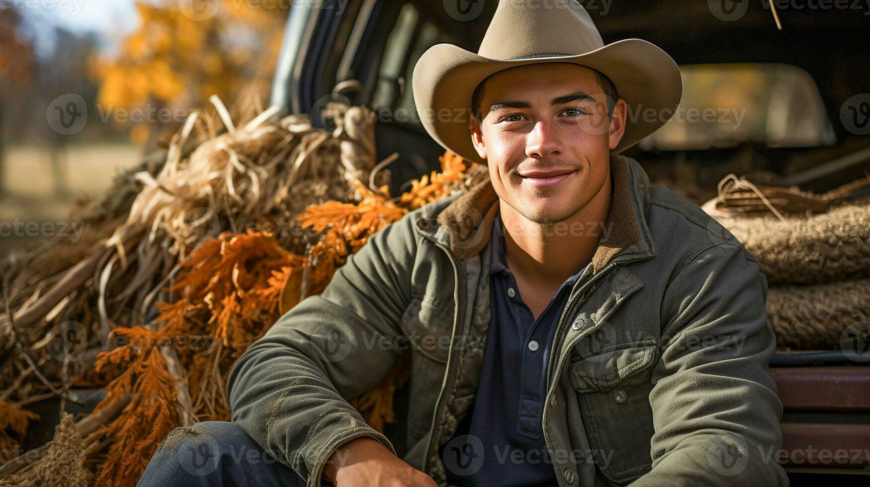 jovem adulto masculino agricultor vestindo vaqueiro chapéu em pé perto dele caminhão dentro a país - generativo ai foto