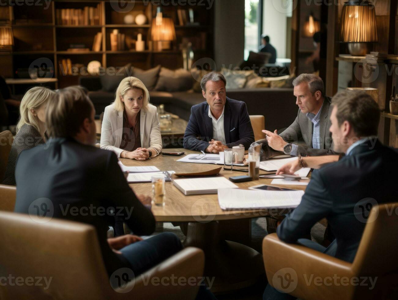 diverso grupo do o negócio profissionais é acionado dentro uma debate sessão ai generativo foto