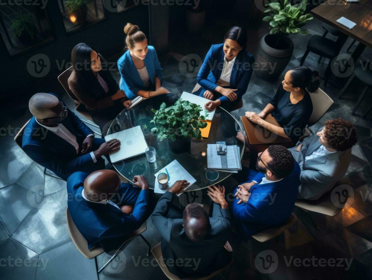 diverso grupo do o negócio profissionais é acionado dentro uma debate sessão ai generativo foto