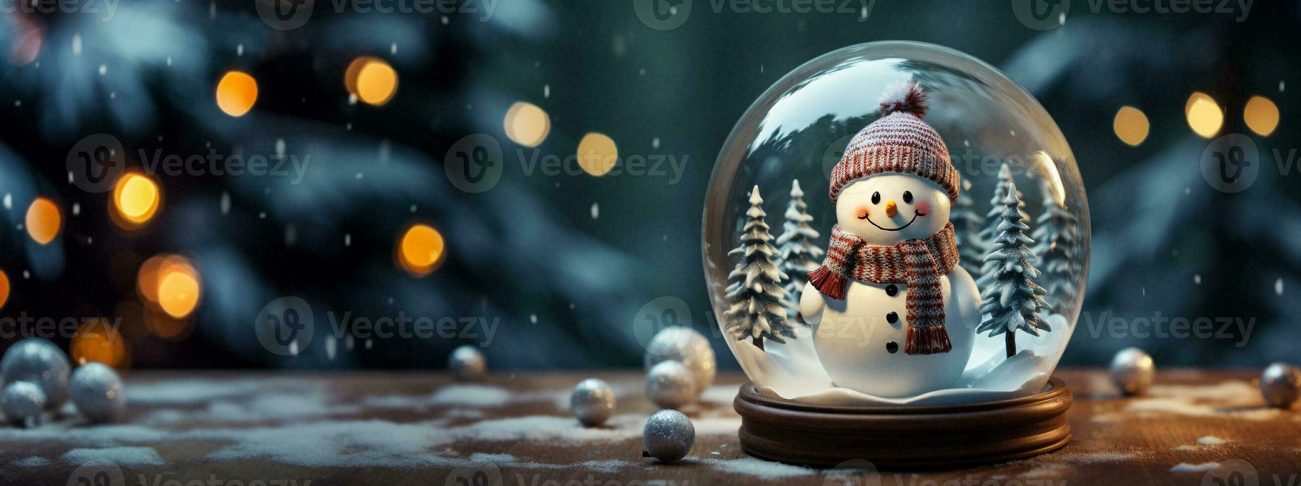 Natal neve globo com boneco de neve em uma madeira superfície bandeira. generativo ai. foto