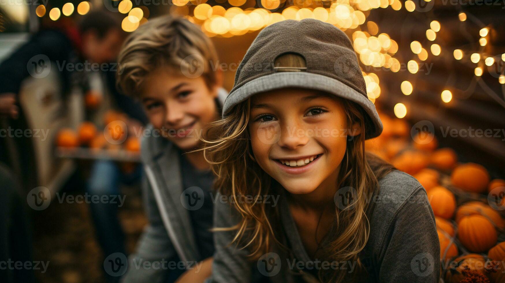 feliz jovem crianças desfrutando a outono colheita festividades lado de fora - generativo ai. foto