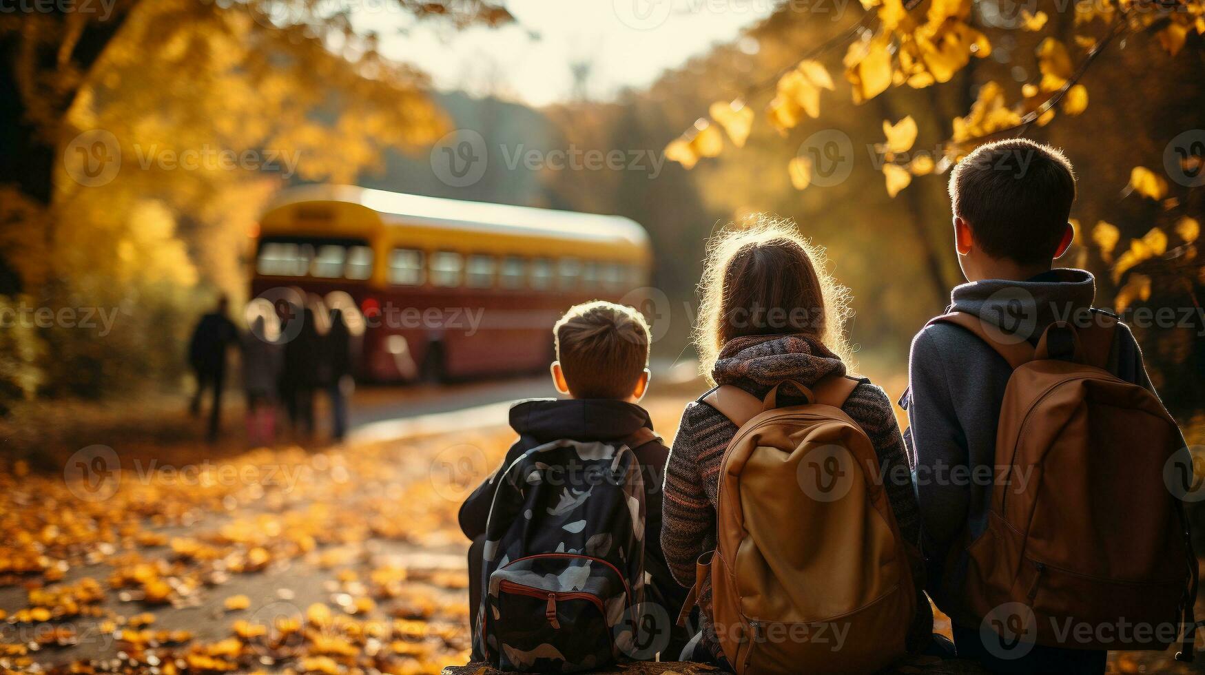 jovem crianças vestindo mochilas caminhando para a escola ônibus em uma outono manhã - generativo ai. foto