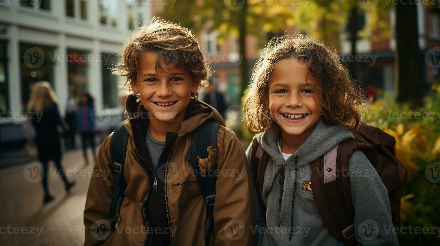 feliz e animado jovem crianças aluna amigos caminhando em a campus do seus escola - generativo ai. foto